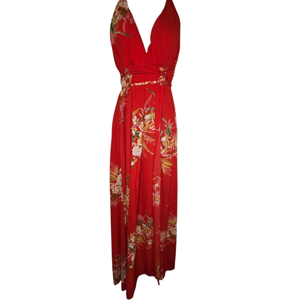 Hello Molly Red Floral Maxi Dress Halter Neck Open Back Swim Coverup Large